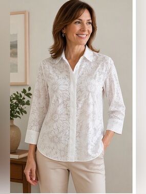 Talbots Petite 12 Sheer White Floral Blouse 3/4 Sleeve Button Front Top